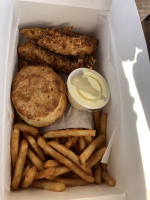 wpbc box with maple mustard.  at Winter Park Biscuit Company in Orlando