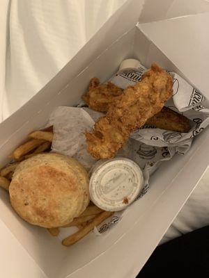 ChickN strips box. Fries are great too  at Winter Park Biscuit Company in Orlando