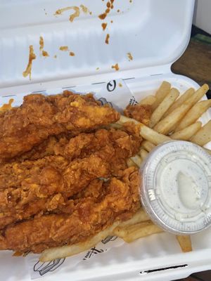 Buffalo bleu chickn strips with a side of fries  at Winter Park Biscuit Company in Orlando