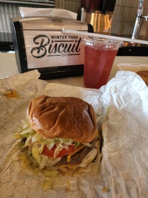 Burger with organic lemonade at Winter Park Biscuit Company in Orlando