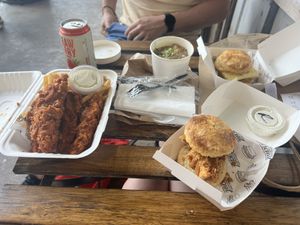 Buffalo bleu strips, small country gravy & biscuits, OG biscuit and SEC biscuit  at Winter Park Biscuit Company in Orlando
