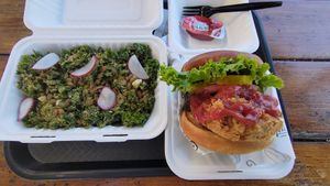 Kale Caesar Salad with Crispy Chik Sandwich al fresco at Winter Park Biscuit Company in Orlando