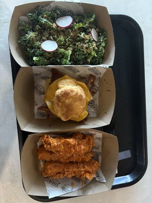 Kalesalad, Biscuit with „egg“ and „bacon“and buffalo chick tenders  at Winter Park Biscuit Company in Orlando