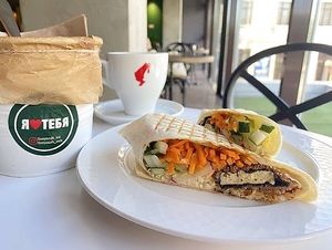 Vegan "Fish-roll" shawarma: crunchy tofu in nori, Korean carrots, Chinese cabbage and soy-sesame sauce, wrapped in a wheat tortilla at I Love You - Я люблю тебя in Krasnodar