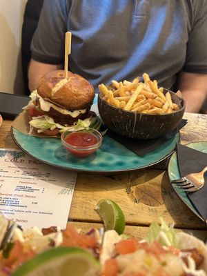 Bbq chicken burger with skins on fries   at Sha-Ka Coffee House & Eatery in Scarborough