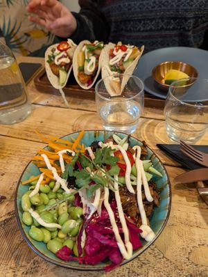 STICKY VEGAN SHREDDED DUCK (Front) & SOYA FISH

VEGAN CHI KEN HULI-HULI TACOS (Back) at Sha-Ka Coffee House & Eatery in Scarborough