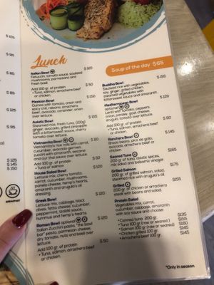 Lunch menu at The Bowl Bar in Cancun
