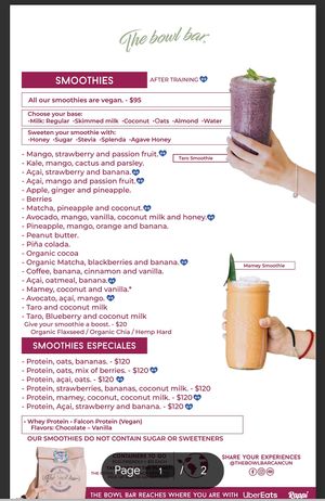 Smoothies menu  at The Bowl Bar in Cancun
