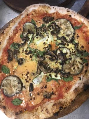 Stracciatella eggplant pizza made vegan (swap cheese) and add mushrooms   at The Master & Margherita in Grey Lynn