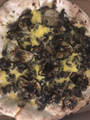 Mushrooms pizza made vegan (swap cheese, and add eggplant add on)  at The Master & Margherita in Grey Lynn