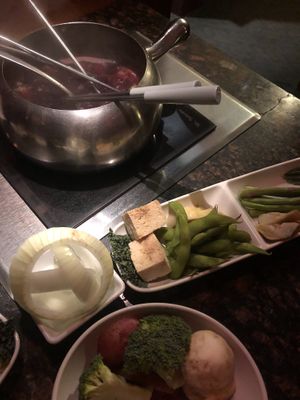 Main course fondue and some of the accompanying veg. Note: tofu option has been replaced by veggie meatballs at The Melting Pot in Oklahoma City