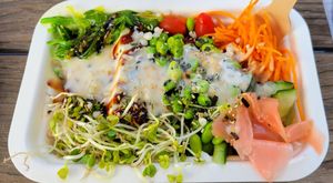 Tofu veggie sushi rice bowl at Poke for the People in Haleiwa