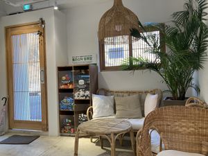 There is a box for recycling hard to recycle things  at Vegan Vanilla Bakery in Daejeon