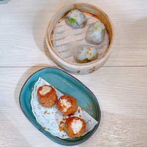 Truffle Mixed Mushroom Dumplings (top) & Veggie Scallop Yam Fritters (bottom) at Lotus Vegetarian 莲心 - Novena in Central Singapore