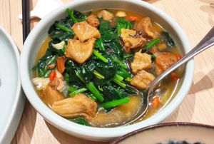 Herbal Lion Mane Mushroom w Spinach choice 药膳猴头菇排菠菜 at Lotus Vegetarian 莲心 - Novena in Central Singapore