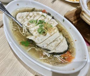 Steam Veg Cod Fish w Tree Seeds & Grated Ginger  at Lotus Vegetarian 莲心 - Novena in Central Singapore