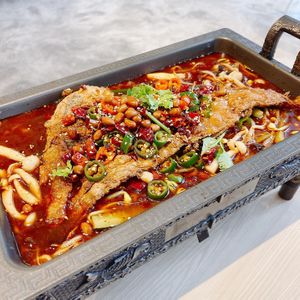 Sichuan Mala Braised Veggie Fish $23.80. at Lotus Vegetarian 莲心 - Novena in Central Singapore
