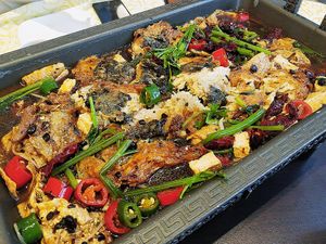 Grilled "fish" in black fermented bean sauce broth. This is very nice.  at Lotus Vegetarian 莲心 - Novena in Central Singapore