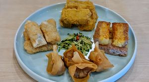 Signature Taro Mee Sua Cake & Pan Fried Pumpkin w Shredded Taro & Crispy Red Bean with Banana Wafer & Fried Wanton at Lotus Vegetarian 莲心 - Novena in Central Singapore