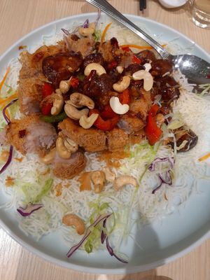 Gung bao lion's mane mushroom in housemade yam ring at Lotus Vegetarian 莲心 - Novena in Central Singapore