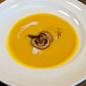 Christmas 2022 Vegan Menu - Roasted Pumpkin Soup with Mushroom Bits & Chickpea Milk  at Lotus Vegetarian 莲心 - Novena in Central Singapore