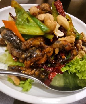 Eel (mushrooms) gong bao at Lotus Vegetarian 莲心 - Novena in Central Singapore