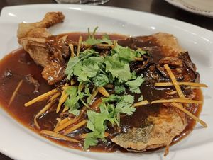 deep fried handicrafted fish with shredded mushrooms and gingeres in veggie oyster sauce at Lotus Vegetarian 莲心 - Novena in Central Singapore