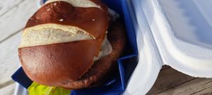 Cheeze burger in pretzel bun at Vivi's Deli in Glasgow