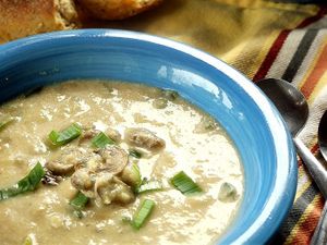 Potato Leek Soup made with Cauliflower Puree and Mushrooms at Globowl Cafe in Lexington