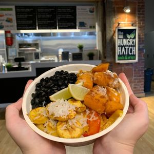 Grilled Plantains, Sweet Potatoes, and Peppers served with seasoned black beans over coconut rice. at The Hungry Hatch in Kansas City