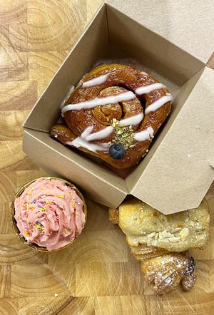 Raspberry cupcake, blueberry & pistachio cinnamon roll, almond crossaint  at Bear Lemon in Dublin