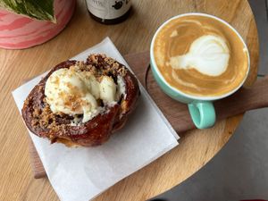 Cinnamon roll and soy flat white  at Bear Lemon in Dublin