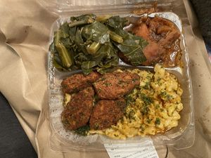 Chicken, macaroni, yams, and collard greens  at Planted Soul - Maybe closed in College Park