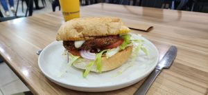 Vegetable patty no vegan cheese. Its ok but wouldn't bother. at Salty Groms in Lakes Entrance