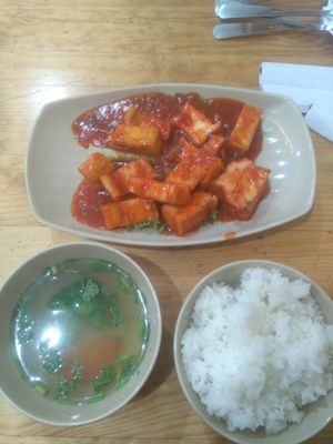 Sauted tofu with tomato sauce and rice at Hoang Nhi - P1 in Da Lat