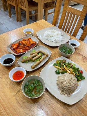 Tofu in tomato sauce, spring rolls, satay rice   at Hoang Nhi - P1 in Da Lat