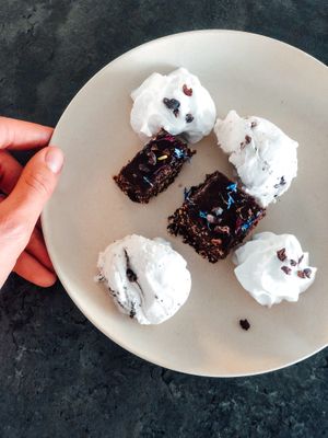 very delicious brownies with coconut ice cream 🍦  at Veganes Bistro in Schindellegi
