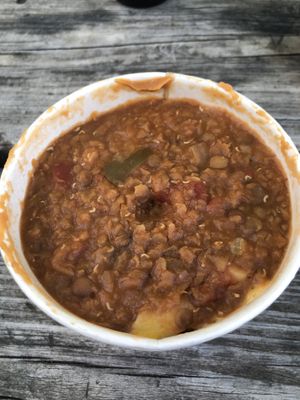 Mac n cheese with sloppy red lentil topping  at Ms Julie's Kitchen in Akron