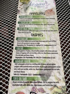 Vegan menu  at Laredo in Washington