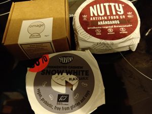 Three vegan cheeses (various flavours including black garlic) at Veggie Garden in Rotterdam