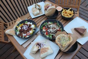 Salads, kebabs, wraps, belgian fries.. All 100 % vegan:)) at Mooi in Prague