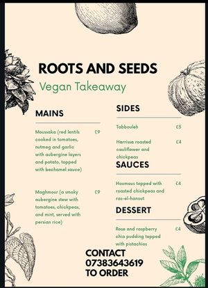 Sample menu for a Friday evening at Roots & Seeds in Haslemere
