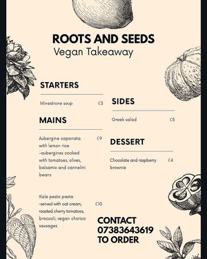 Sample menu at Roots & Seeds in Haslemere