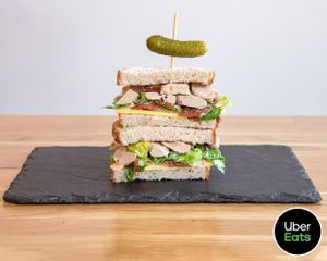 Vegan Club Sandwich with This isn't Bacon, This isn't Chicken, lettuce, vegan mayo, vegan cheese  at Matthews Yard in Croydon