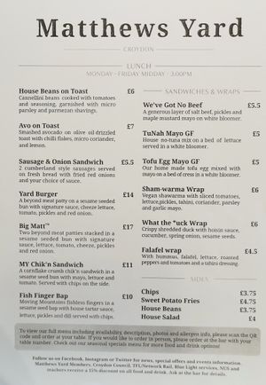 June 2022 menu at Matthews Yard in Croydon