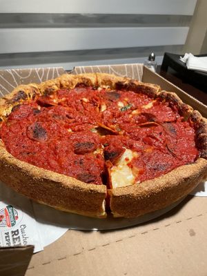 V cheese and pepperoni deep dish pizza  at Sarpino's Pizzeria in Fort Lauderdale