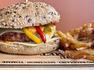Vegetarian burger with whole grain bred at L' Epicerie Moderne in Lourdes