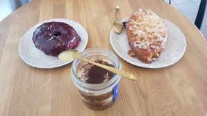 Blueberry and lavender Donut, tiramisu and jagodzianki at Eter Vegan Bakery in Warsaw