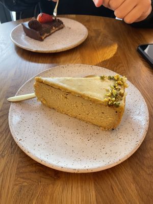 Pistachio and chocolate cake   at Eter Vegan Bakery in Warsaw