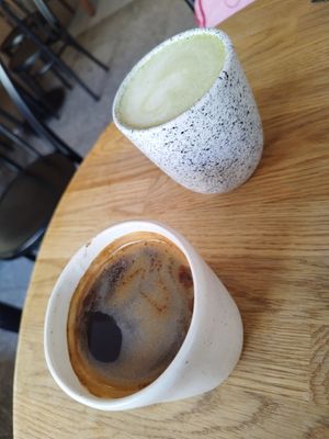 Matcha and americano – they have oat milk! at Eter Vegan Bakery in Warsaw
